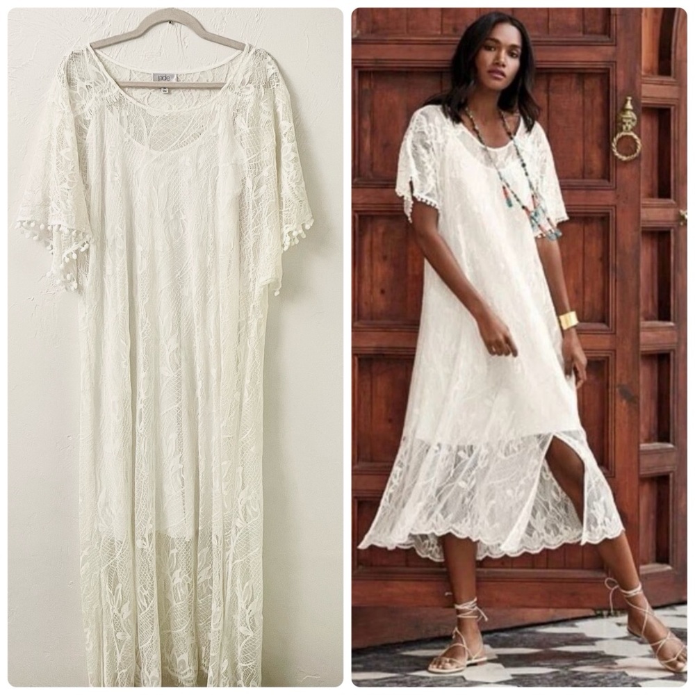 Jade by Johnny Was Sawyer Sheer Lace Short Sleeve Relaxed Ivory Midi Swing Dress